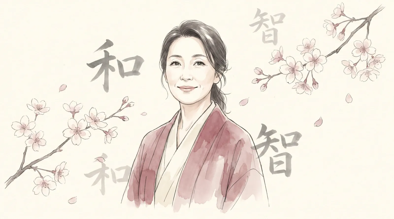 Aquarell-Zeichnung von Yuki, einer Frau im Kimono, umgeben von Kirschblüten.
