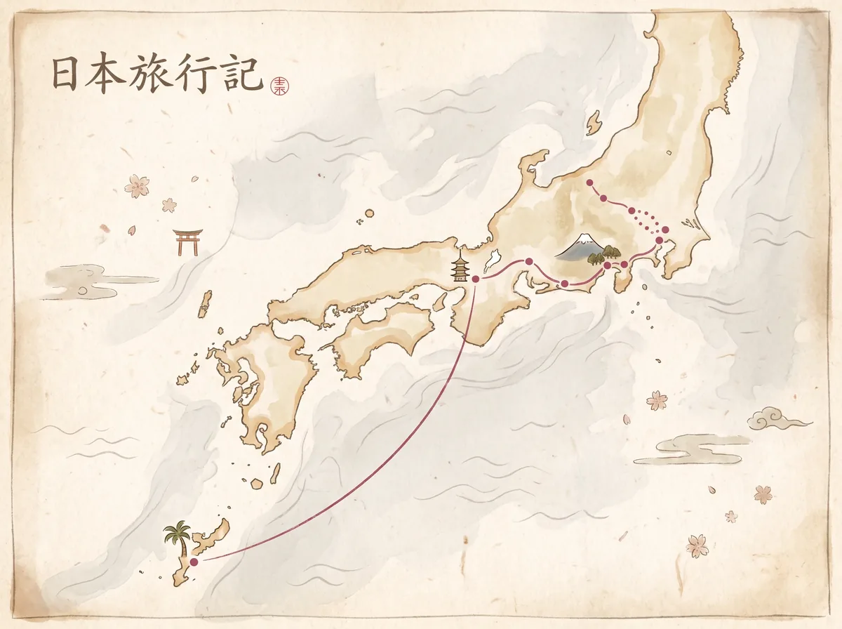 Gezeichnete Landkarte von Japan mit der eingetragenen Route der ersten Reise und Kirschblüten am Rand.