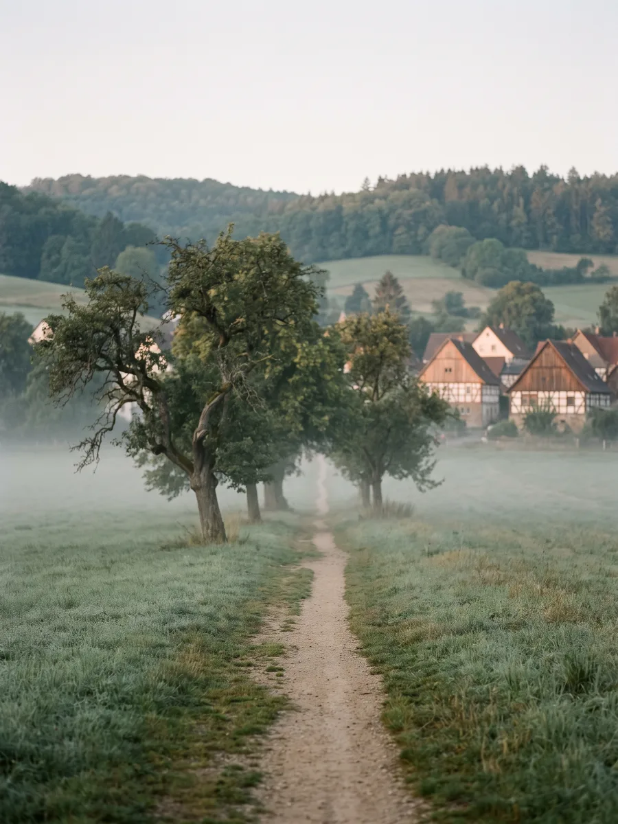 Ein Wiesenweg im Morgennebel, alte Obstbäume und Fachwerkhäuser am Waldrand.