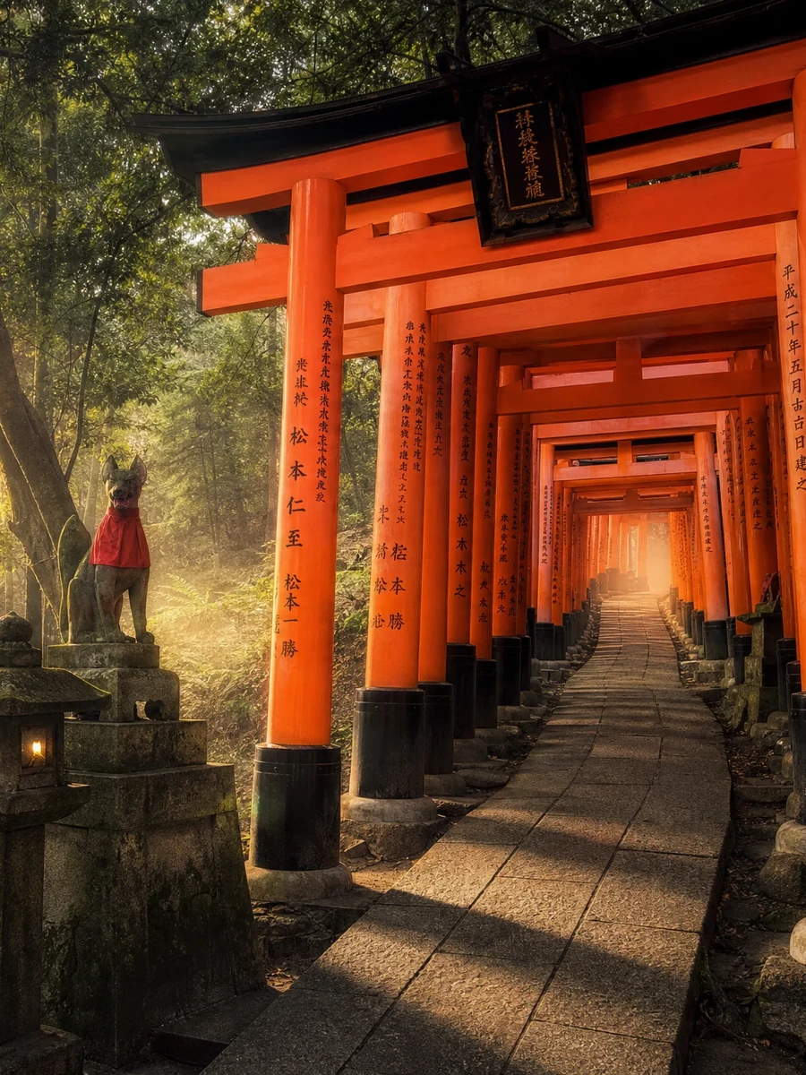 Ein Weg unter Hunderten dicht stehender roter Torii-Tore, dazwischen fällt Morgenlicht auf das Pflaster.