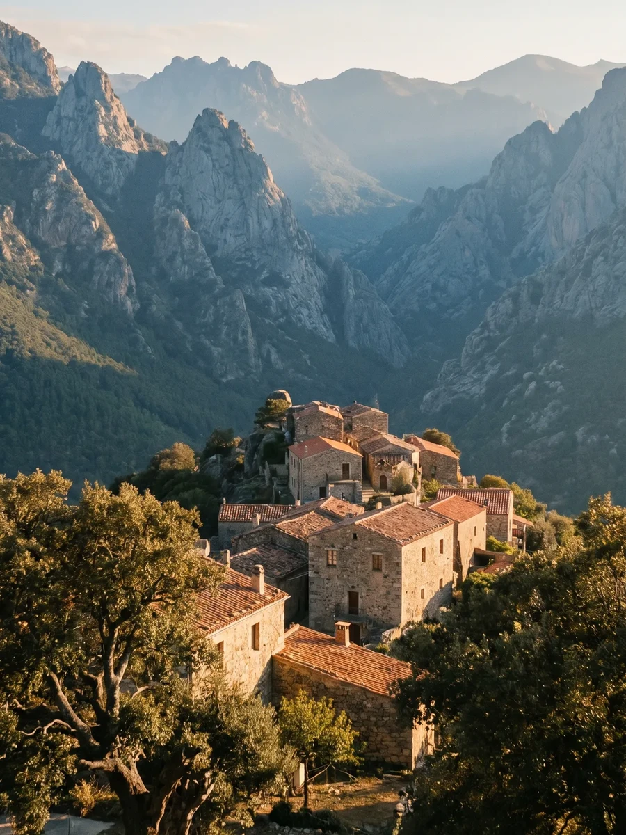 Ein Bergdorf aus Naturstein in einem schroffen Felsental, davor alte Bäume im Morgenlicht.
