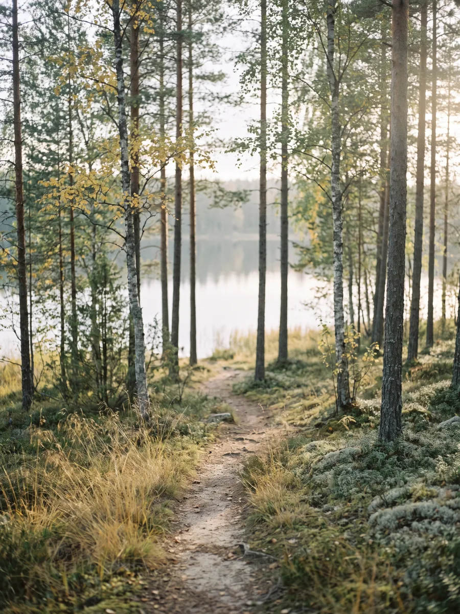 Ein schmaler Pfad durch einen Birkenwald an einem stillen See, Nebel über dem Wasser.