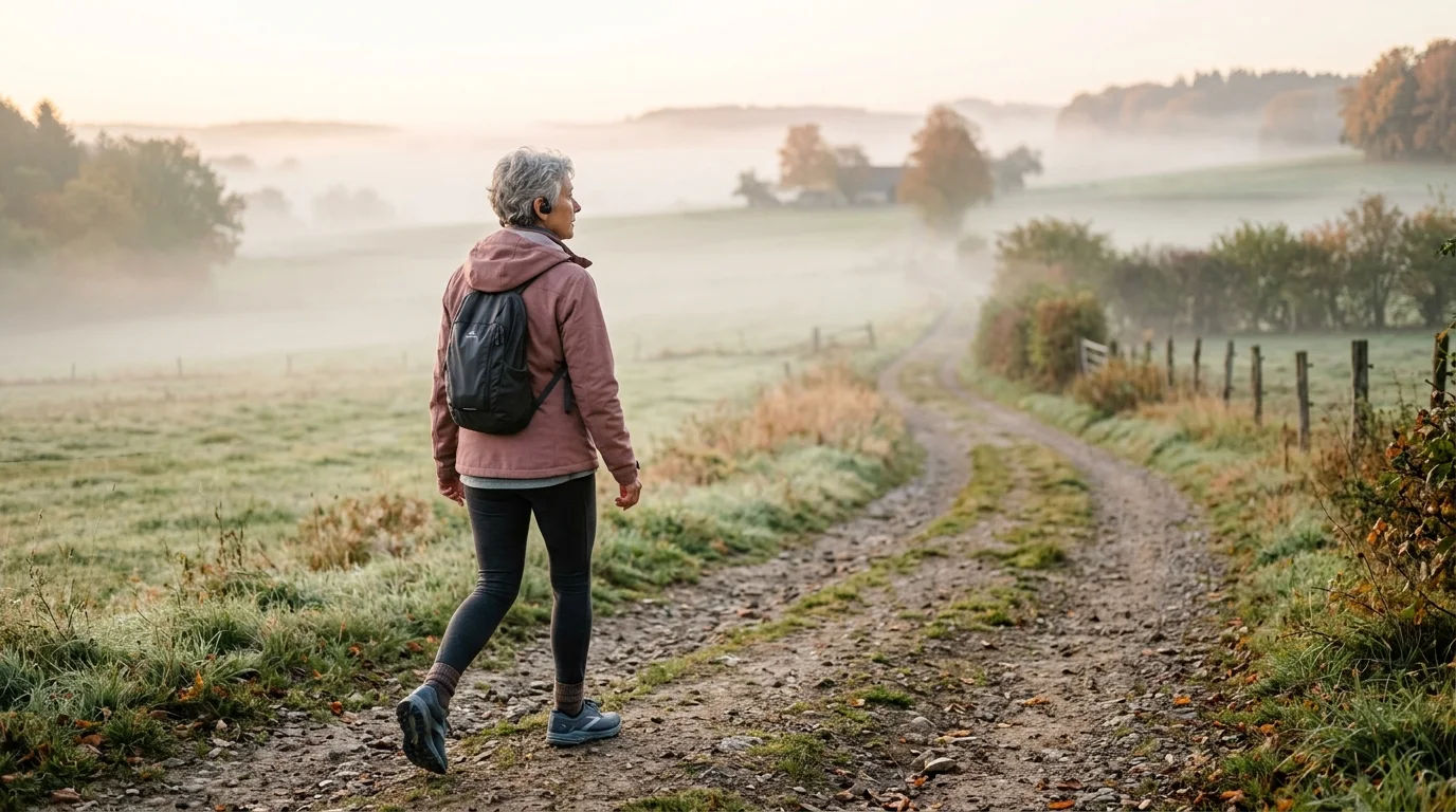 Eine Frau mit kurzem grauem Haar und Rucksack geht von schräg hinten gesehen auf einem Feldweg, über den Wiesen liegt Morgennebel.