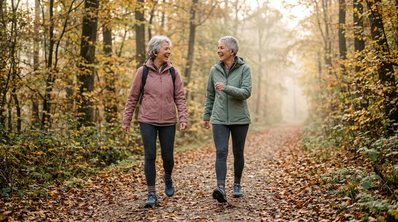 Zwei Frauen mit grauem Haar gehen zügig nebeneinander auf einem herbstlichen Waldweg und lachen sich an.